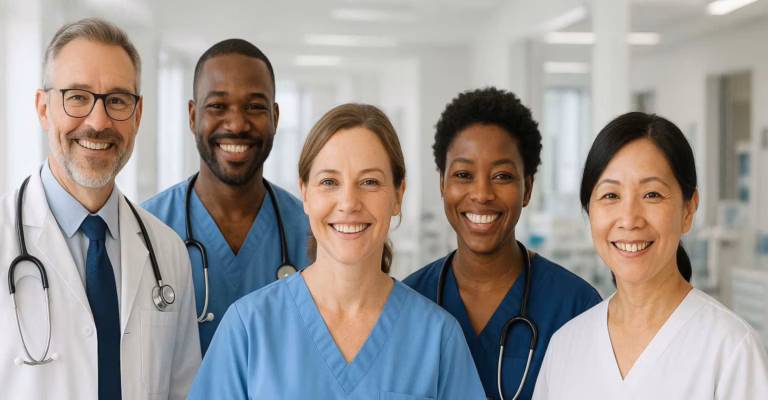 Cinque operatori sanitari di diverse etnie e ruoli, in divisa, sorridono in una struttura sanitaria moderna, simbolo delle selezioni Sereni Orizzonti per 1550 figure.