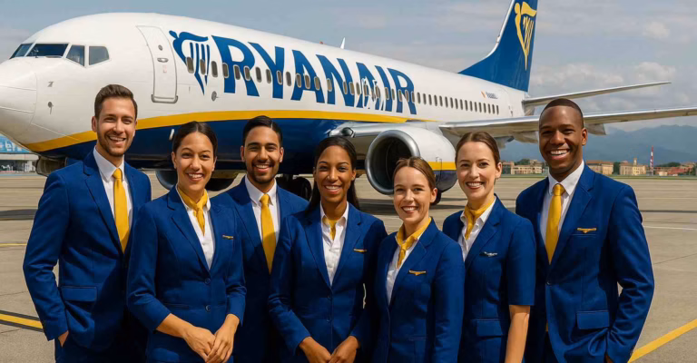 Sette assistenti di volo Ryanair in uniforme blu e gialla sorridono davanti a un aereo Ryanair su una pista aeroportuale italiana, rappresentando le selezioni Cabin Crew Days 2019.