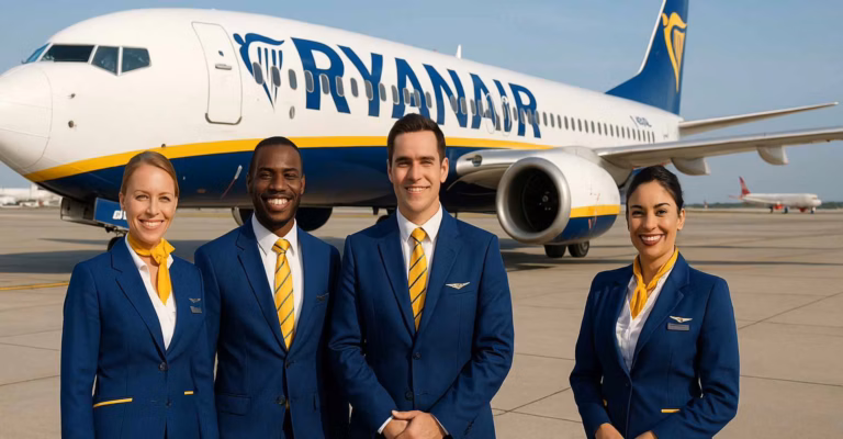 Quattro assistenti di volo Ryanair in uniforme blu e gialla sorridono davanti a un aereo Ryanair su una pista aeroportuale europea.
