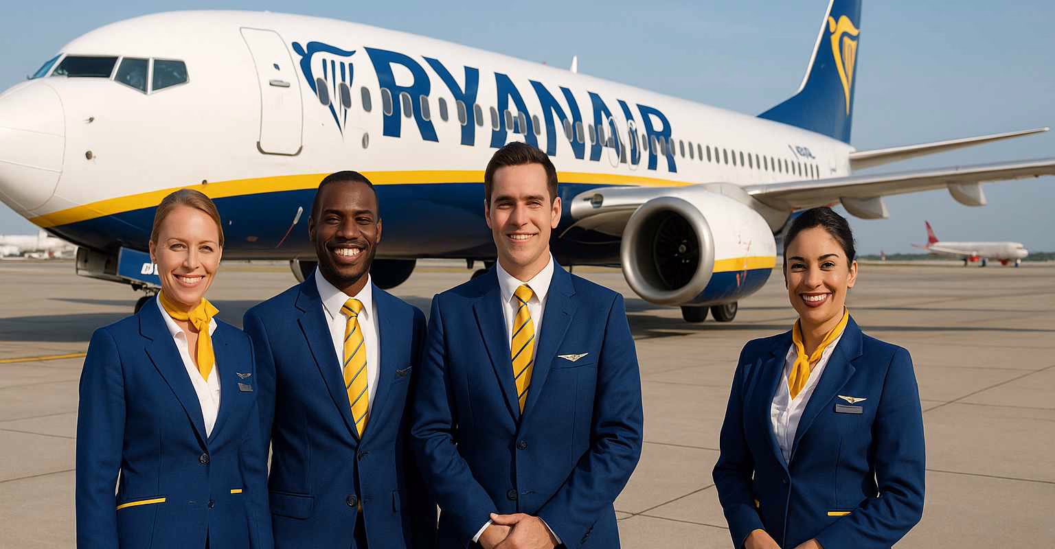 Quattro assistenti di volo Ryanair in uniforme blu e gialla sorridono davanti a un aereo Ryanair su una pista aeroportuale europea.