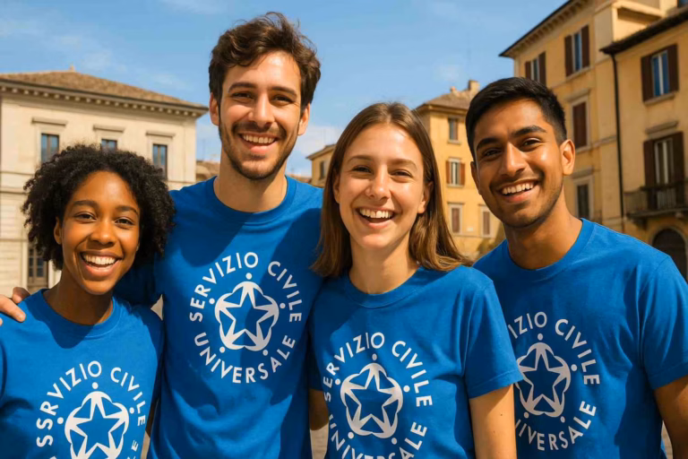 Quattro giovani volontari di diverse etnie sorridono indossando magliette blu con il logo del Servizio Civile Universale, in una piazza italiana.