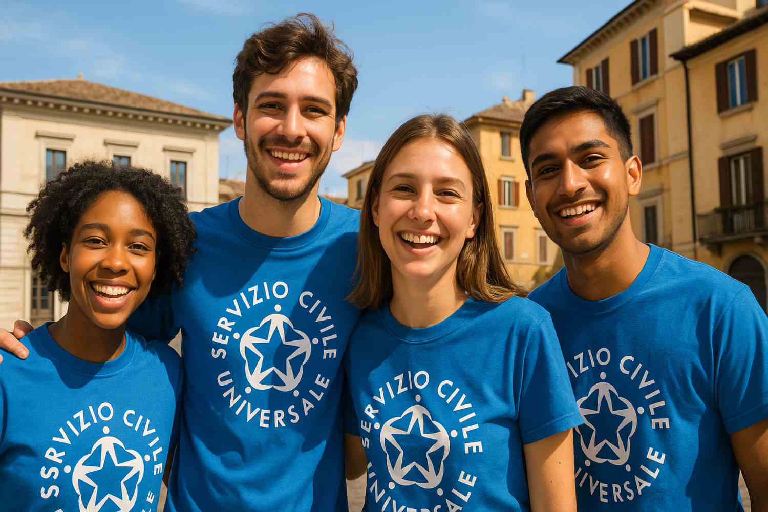 Quattro giovani volontari di diverse etnie sorridono indossando magliette blu con il logo del Servizio Civile Universale, in una piazza italiana.