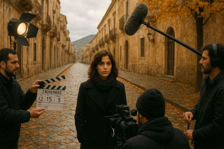 Scena di riprese in Sicilia per la serie TV “2 Novembre”, con attrice, operatori e ciak su sfondo di borgo antico illuminato da luce cinematografica.