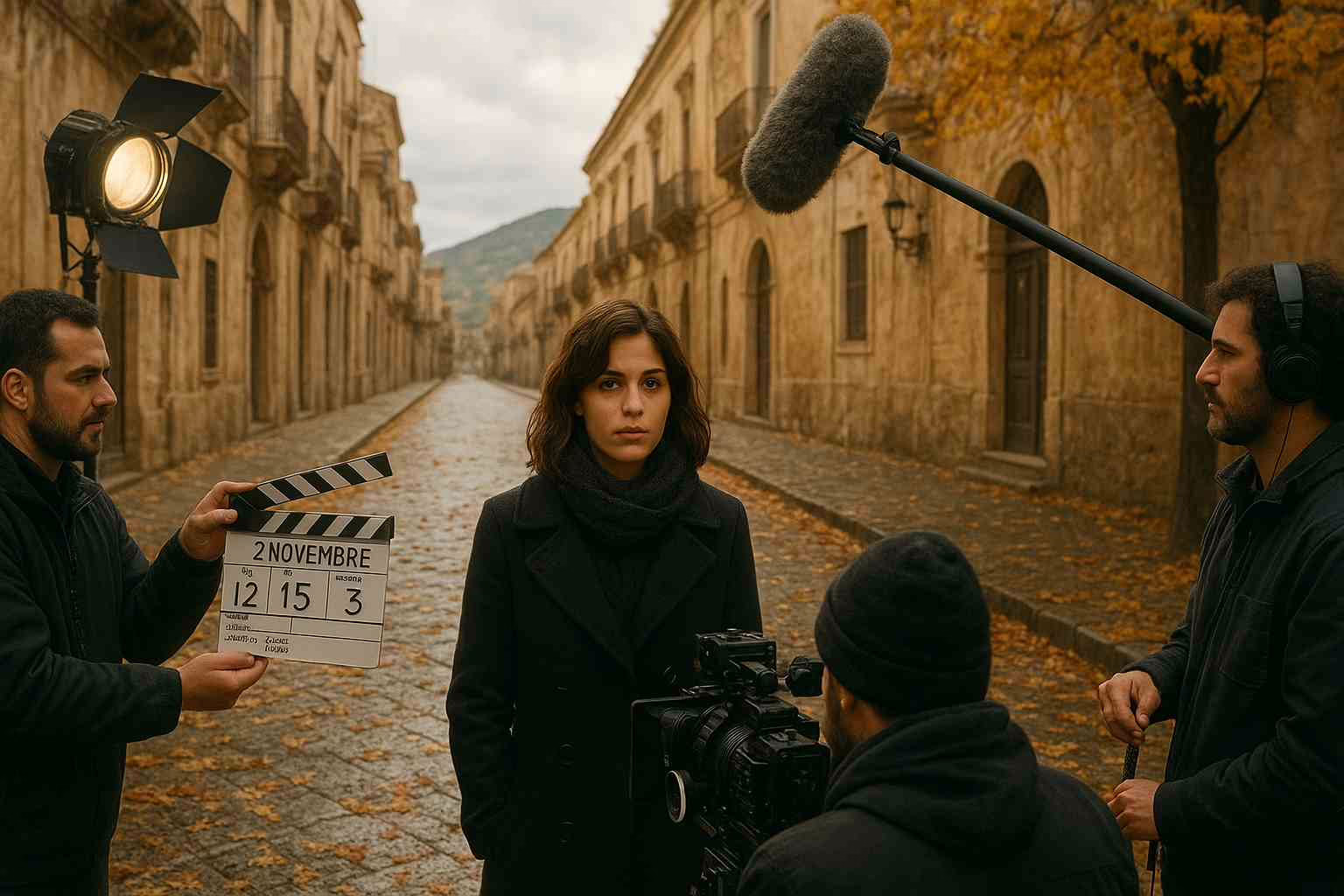 Scena di riprese in Sicilia per la serie TV “2 Novembre”, con attrice, operatori e ciak su sfondo di borgo antico illuminato da luce cinematografica.
