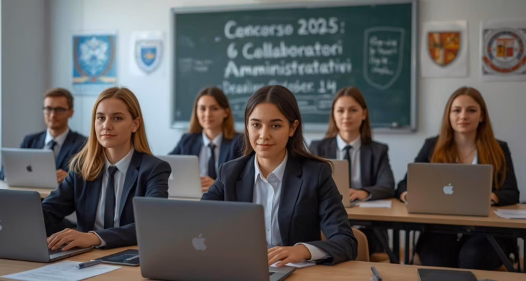 Gruppo di candidati in abbigliamento formale seduti davanti a laptop in una moderna aula universitaria della Bicocca, con lavagna che indica "Concorso 2025 - 6 Collaboratori Amministrativi - Scadenza 14 ottobre".