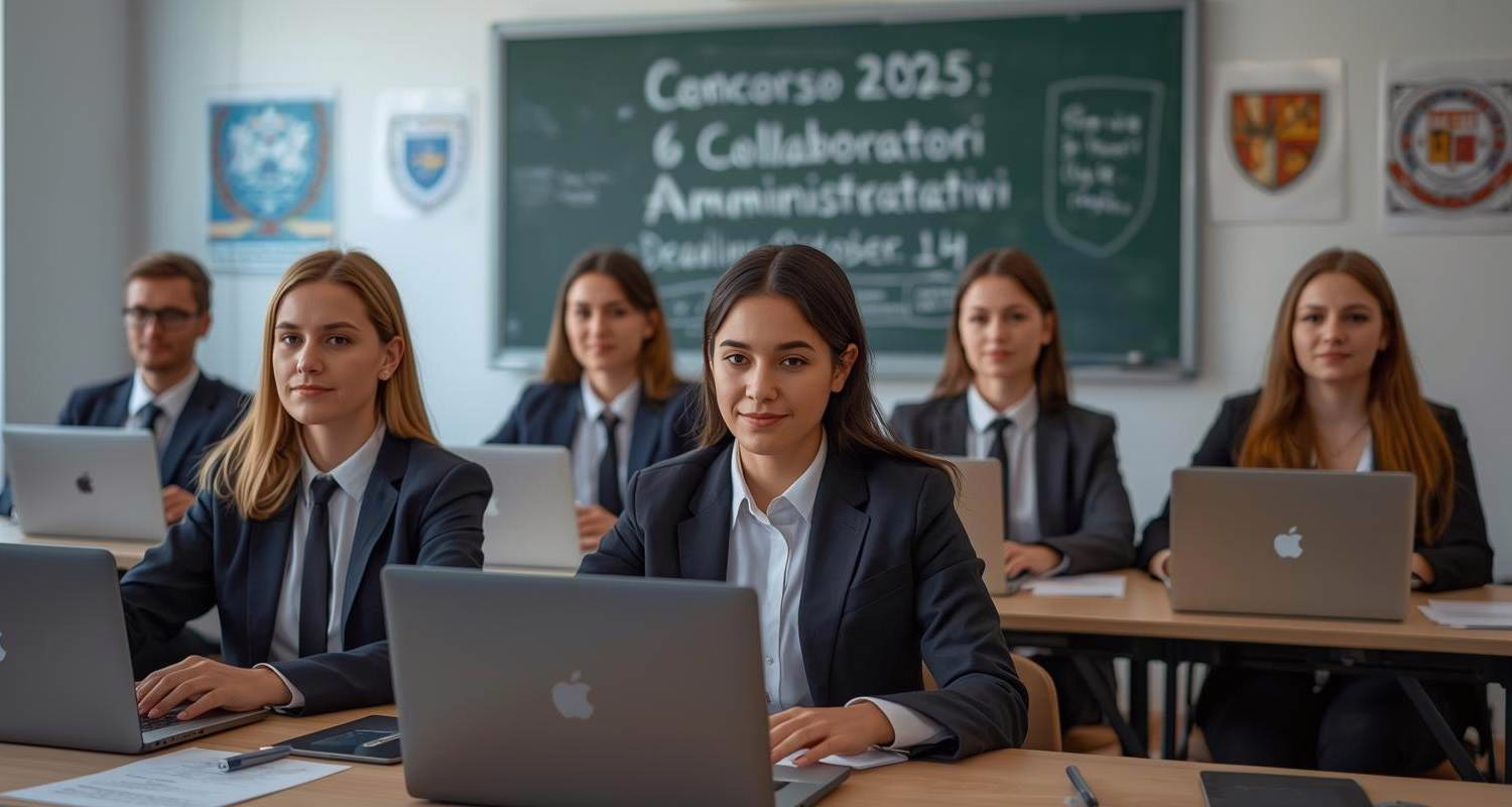 Gruppo di candidati in abbigliamento formale seduti davanti a laptop in una moderna aula universitaria della Bicocca, con lavagna che indica "Concorso 2025 - 6 Collaboratori Amministrativi - Scadenza 14 ottobre".