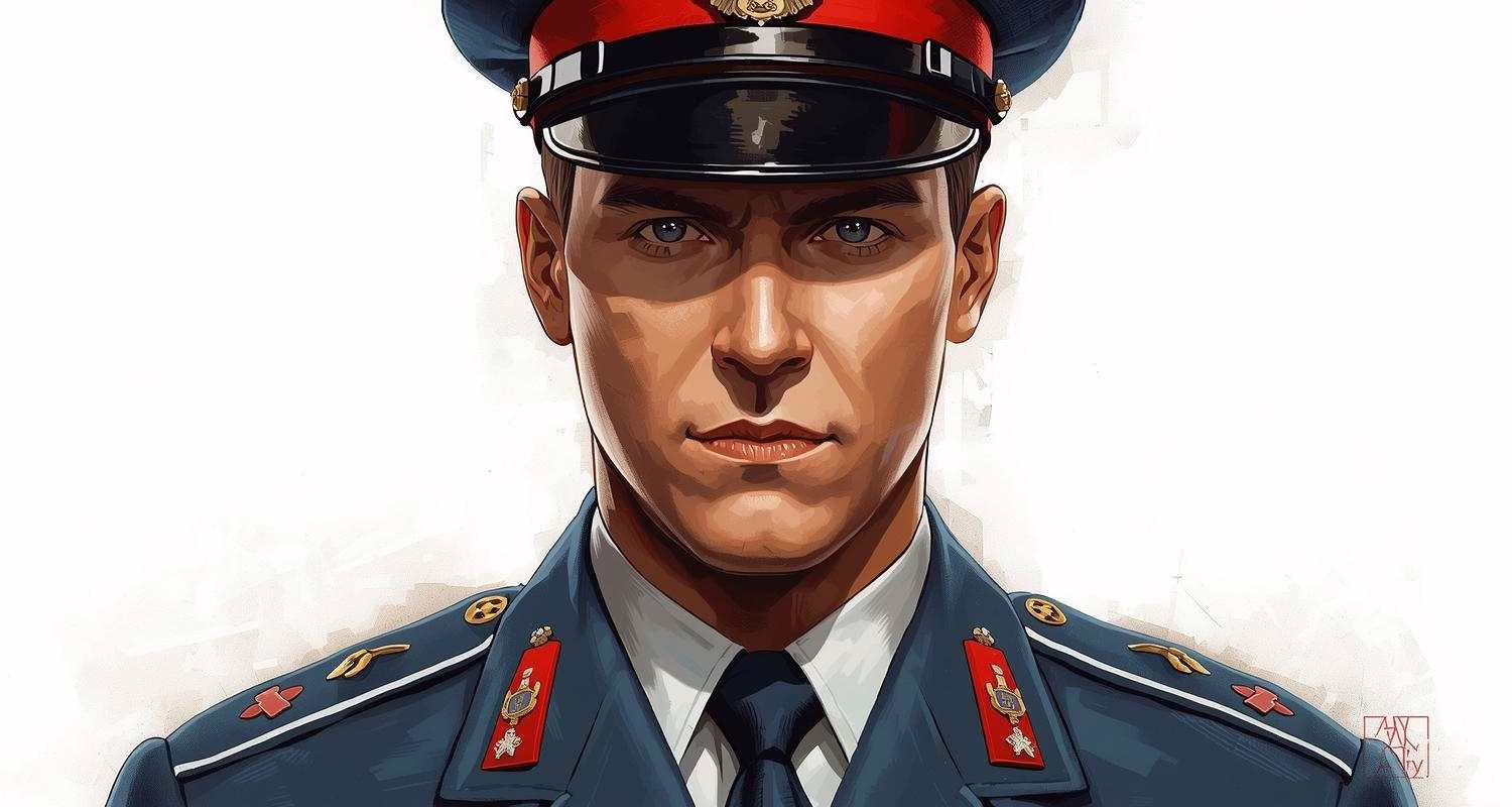 Illustrazione realistica di un ufficiale in uniforme blu con cappello e distintivi militari, che guarda dritto verso l’osservatore.
