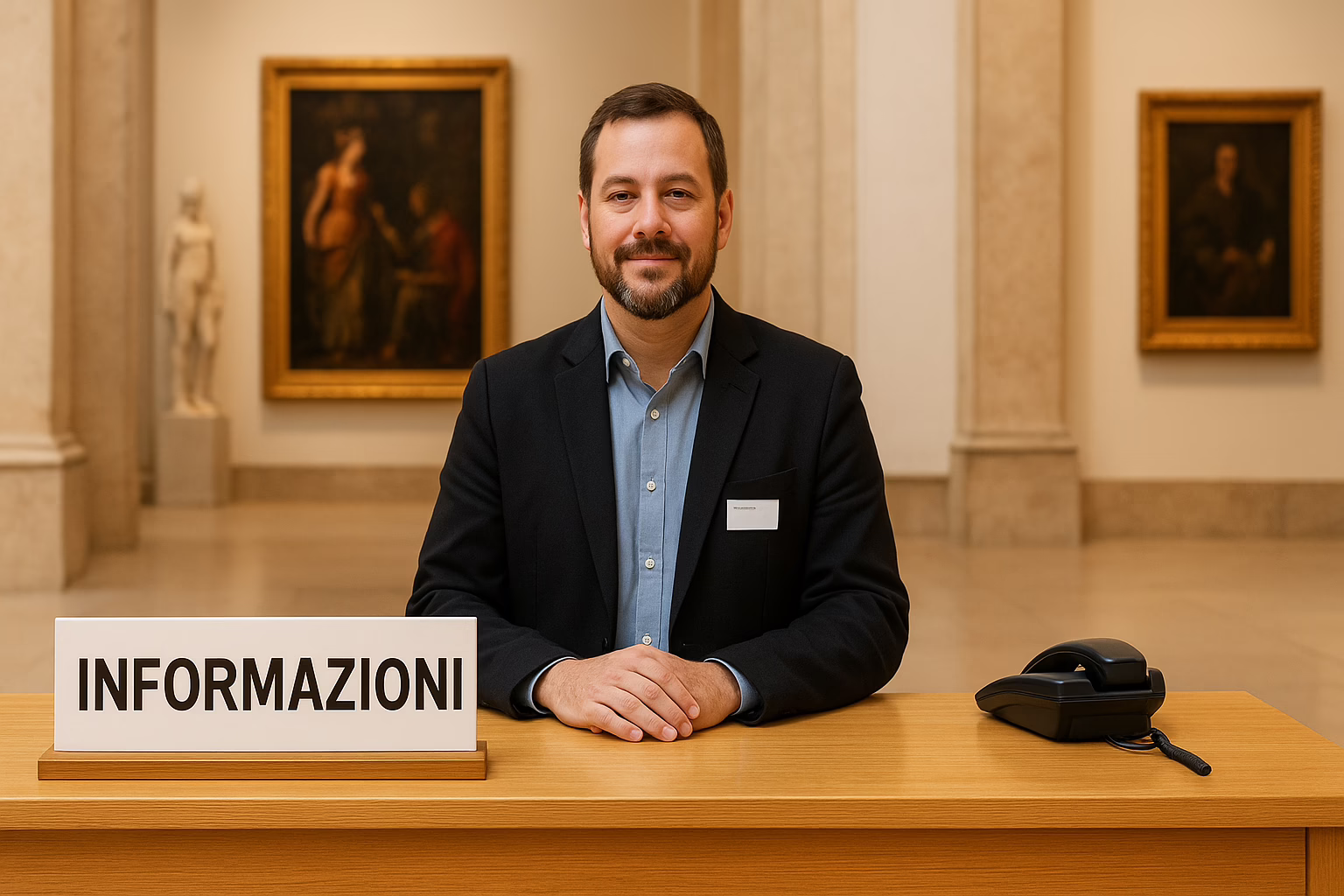 Addetto all’accoglienza museale dietro il banco informazioni in un museo