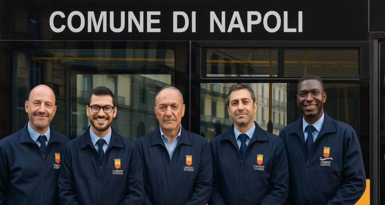 Cinque autisti del Comune di Napoli in uniforme davanti a un autobus cittadino