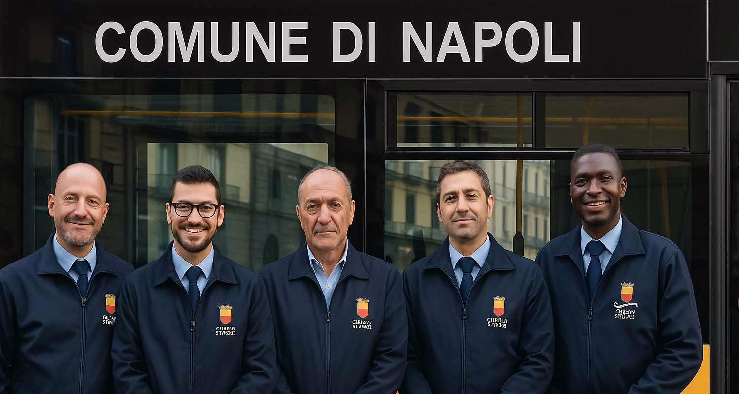 Cinque autisti del Comune di Napoli in uniforme davanti a un autobus cittadino