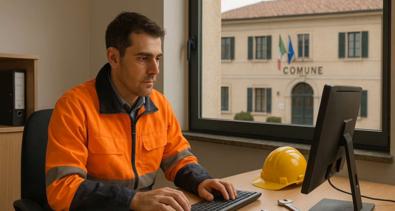 Operatore tecnico in giubbotto arancione lavora al computer in un ufficio comunale, con casco, chiavi inglesi e metro sul tavolo; edificio del Comune visibile dalla finestra.