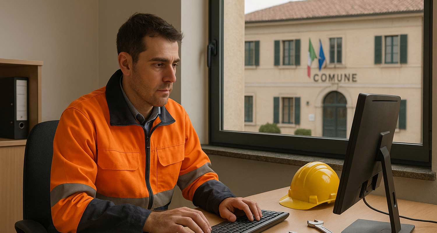 Operatore tecnico in giubbotto arancione lavora al computer in un ufficio comunale, con casco, chiavi inglesi e metro sul tavolo; edificio del Comune visibile dalla finestra.