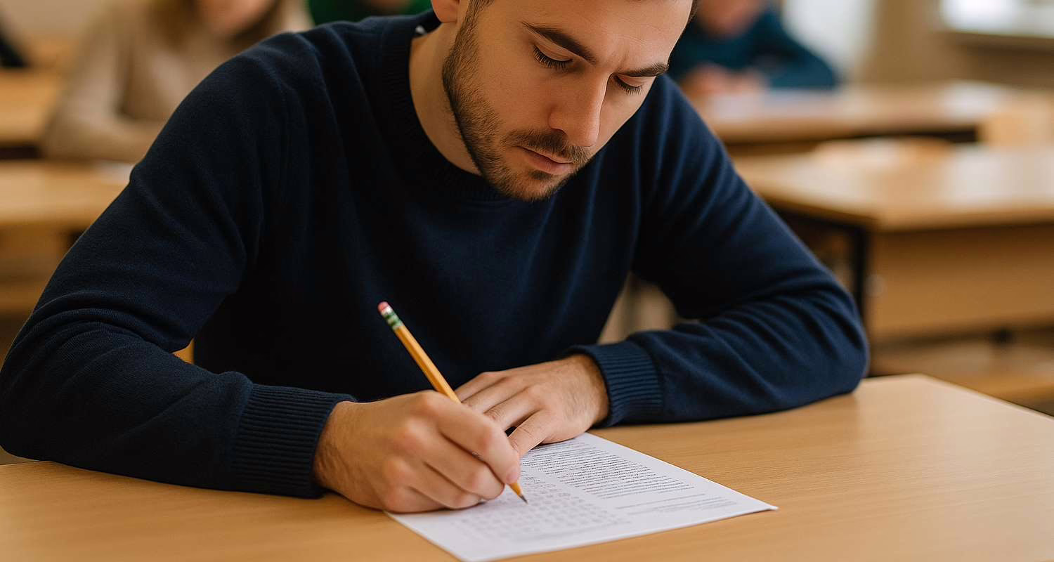 Candidato concentrato durante la prova scritta di un concorso pubblico in aula luminosa