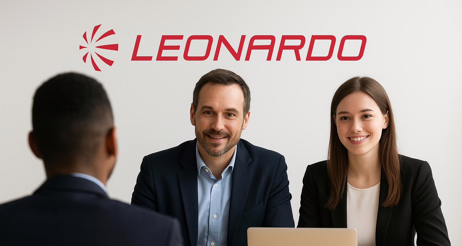 Due recruiter di Leonardo durante un colloquio di lavoro con un candidato in ufficio, con il logo Leonardo sullo sfondo.