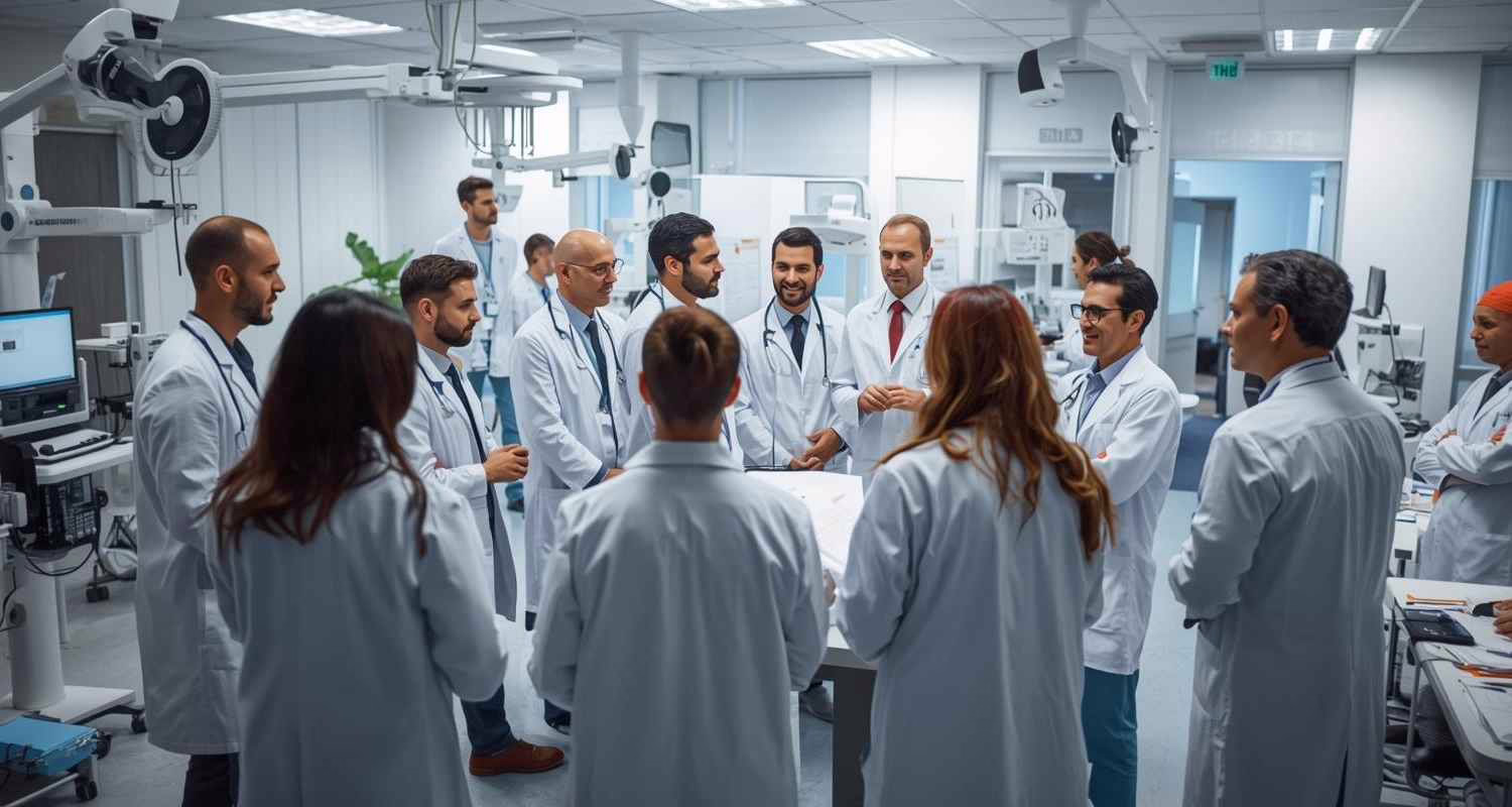 Medici di varie specializzazioni in camice bianco discutono tra loro in un moderno ospedale, con strumenti diagnostici e cartelle cliniche.