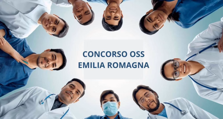 Un gruppo di operatori sanitari e medici in camice bianco e divise blu, disposti in cerchio e sorridenti, guarda verso il centro dove compare la scritta "Concorso OSS Emilia Romagna".