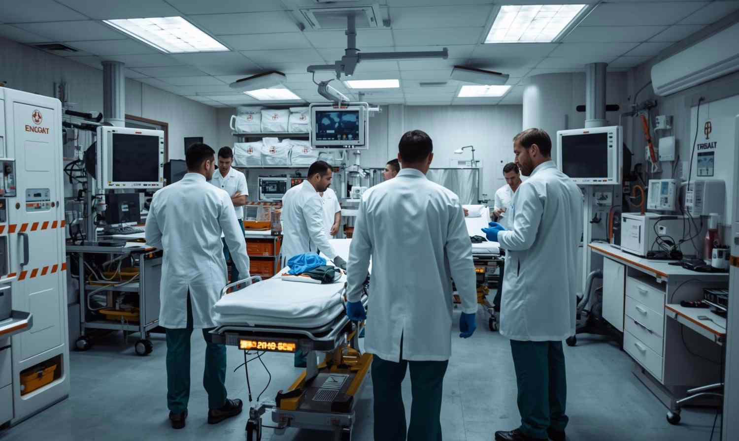 Un gruppo di medici in camice bianco coordina le attività in una sala di pronto soccorso moderna, circondati da attrezzature mediche avanzate.