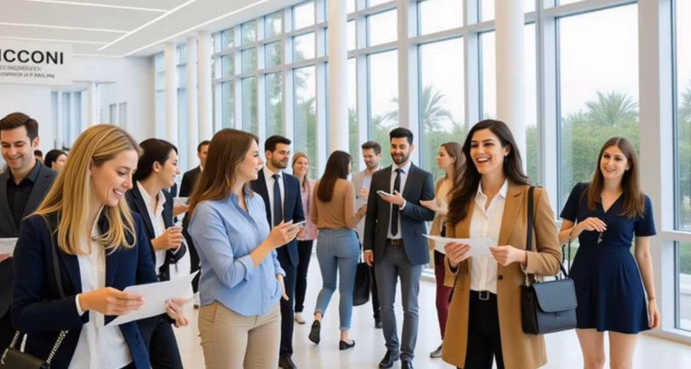 Gruppo di studenti e ricercatori in abiti professionali che conversano e sorridono in un moderno atrio universitario con ampie vetrate.