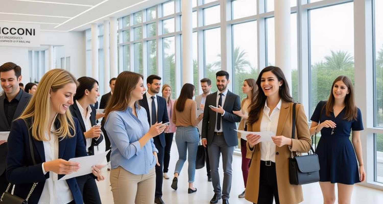 Gruppo di studenti e ricercatori in abiti professionali che conversano e sorridono in un moderno atrio universitario con ampie vetrate.