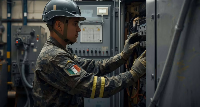 Elettricista militare italiano in uniforme e casco protettivo mentre effettua controlli su un quadro elettrico in una base operativa.