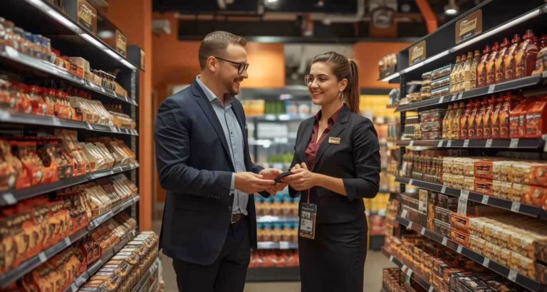 Due professionisti Ferrero discutono tra gli scaffali di un supermercato moderno, circondati da prodotti dolciari.