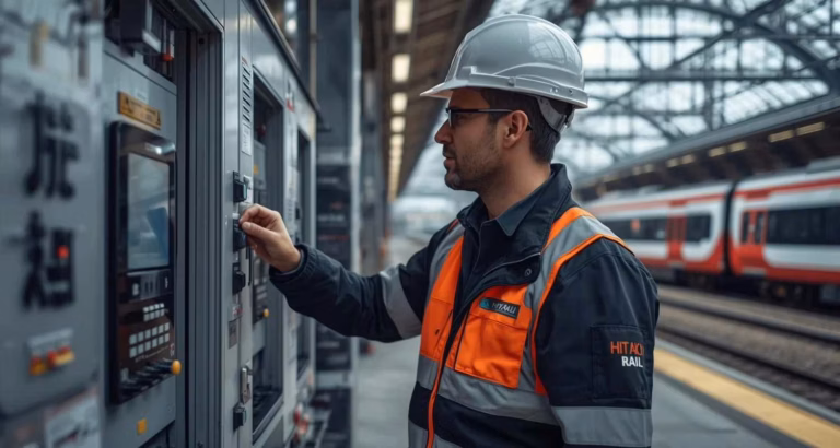 Ingegnere Power Supply di Hitachi Rail con casco e giubbotto arancione controlla un pannello elettrico su un binario ferroviario a Napoli, con treni moderni sullo sfondo.