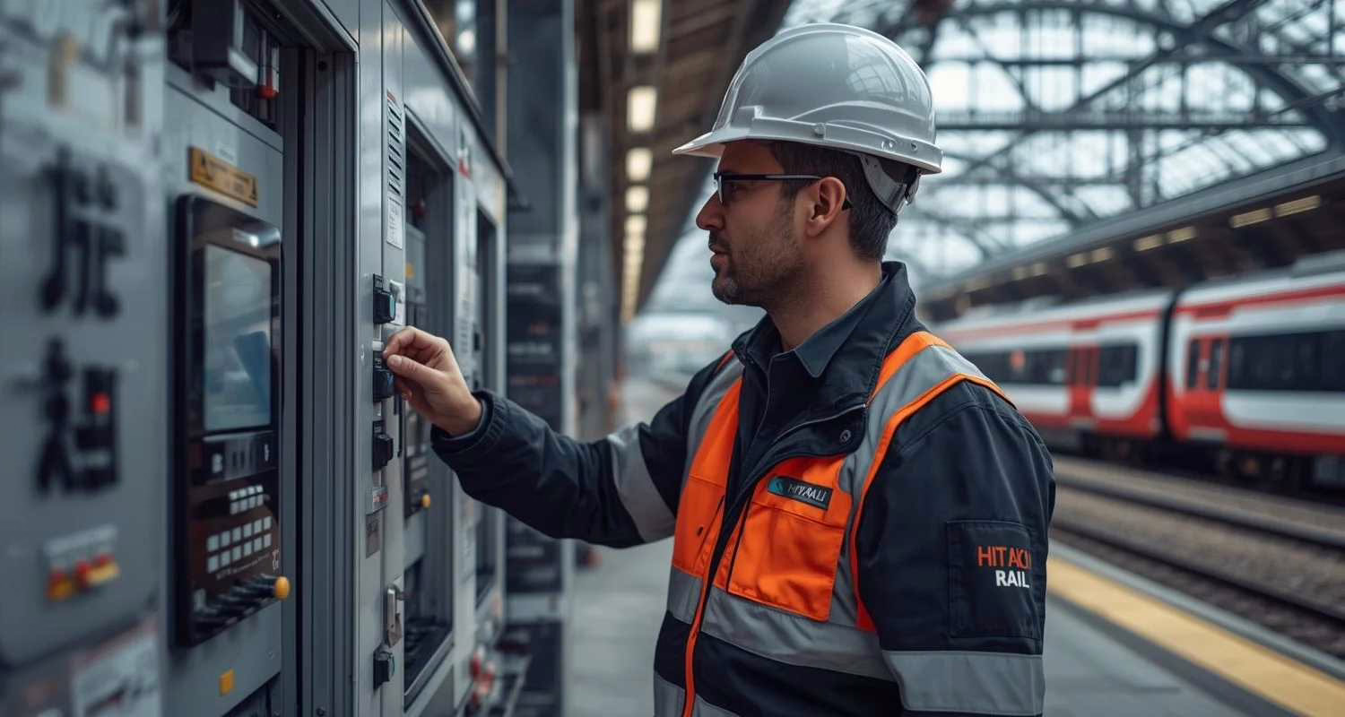 Ingegnere Power Supply di Hitachi Rail con casco e giubbotto arancione controlla un pannello elettrico su un binario ferroviario a Napoli, con treni moderni sullo sfondo.