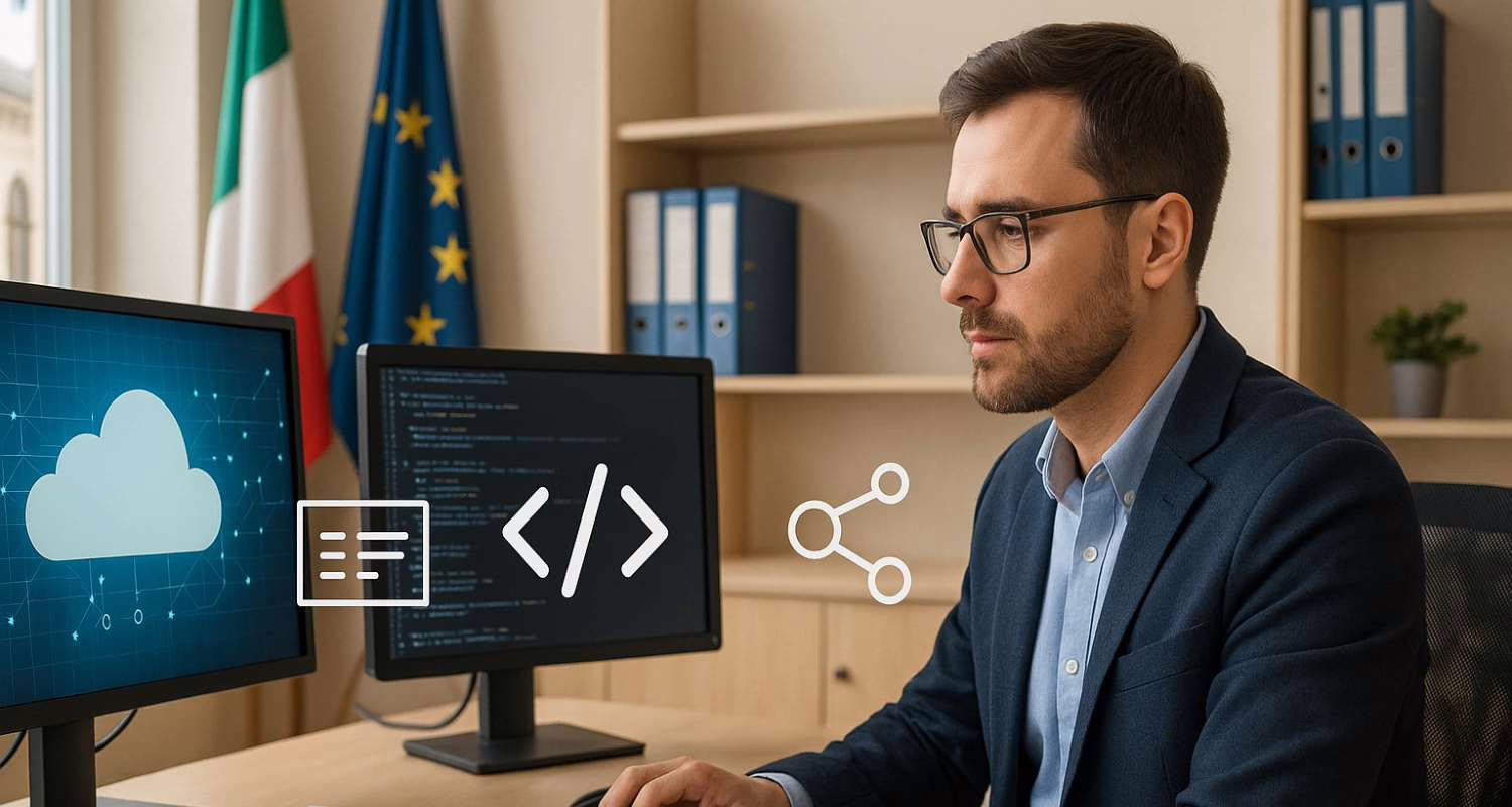 Istruttore informatico in giacca lavora al computer con due monitor in ufficio comunale, simboli di cloud, codice e condivisione, bandiere italiana ed europea visibili.