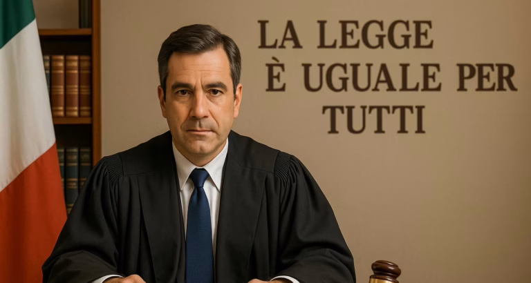 Magistrato italiano seduto alla scrivania con toga e libri di diritto