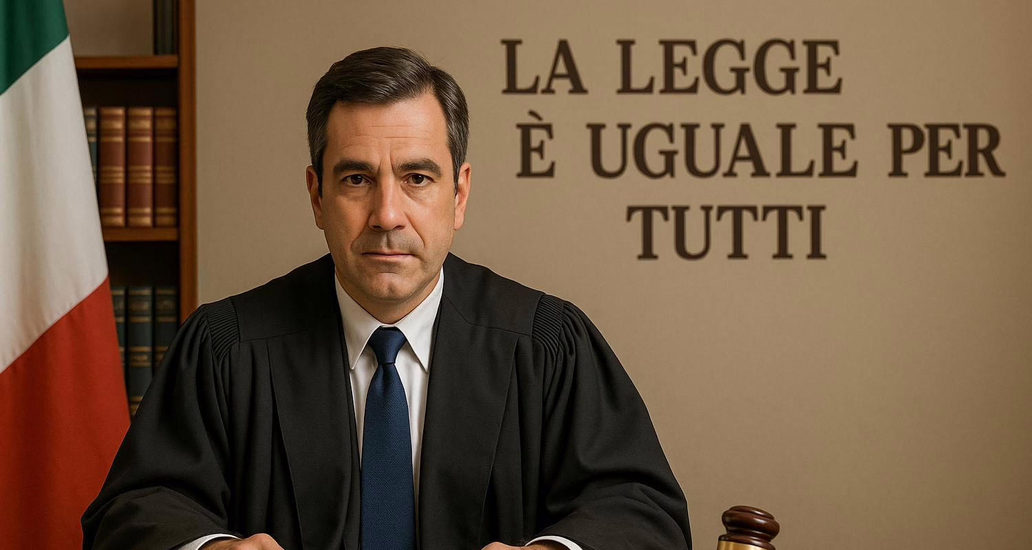 Magistrato italiano seduto alla scrivania con toga e libri di diritto