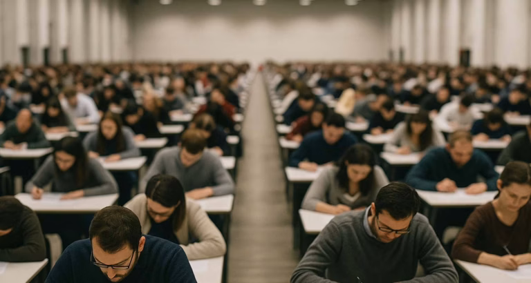 Ampia sala esami con centinaia di candidati durante un maxi concorso