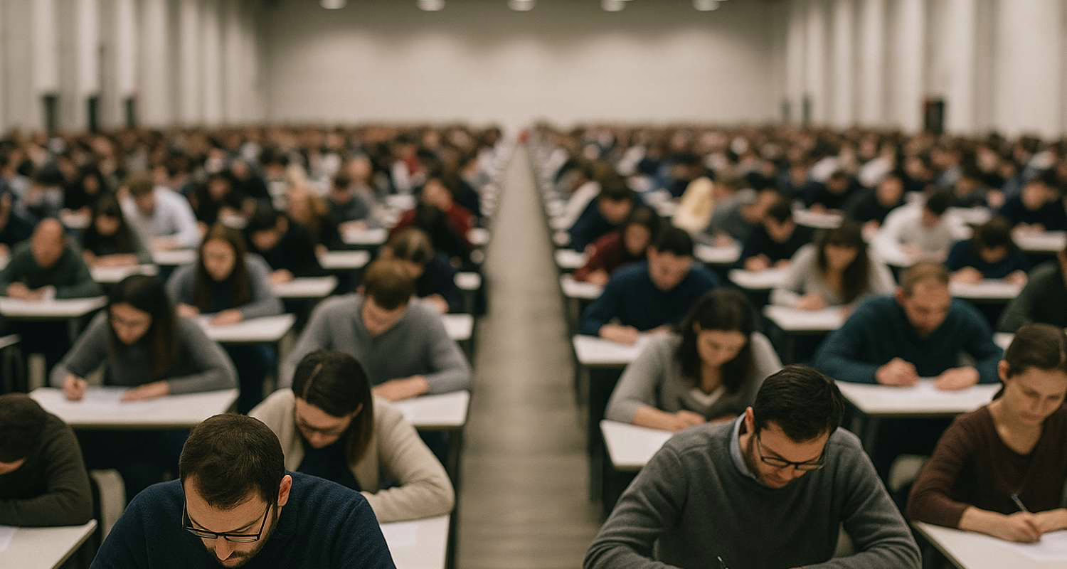 Ampia sala esami con centinaia di candidati durante un maxi concorso