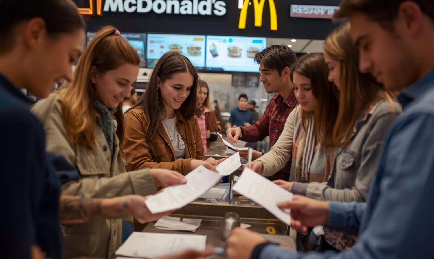 Giovani candidati sorridenti consegnano i propri curriculum durante una selezione di personale presso un ristorante McDonald’s a Taranto.