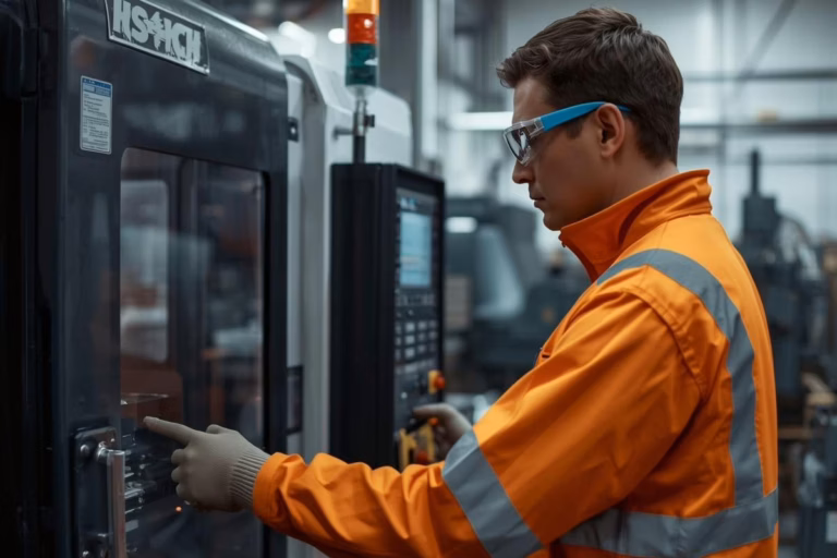 Operatore CNC con giacca arancione ad alta visibilità utilizza un macchinario a controllo numerico in un ambiente industriale moderno.