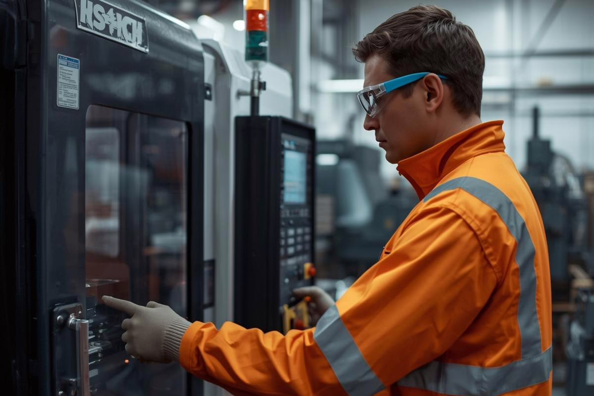 Operatore CNC con giacca arancione ad alta visibilità utilizza un macchinario a controllo numerico in un ambiente industriale moderno.