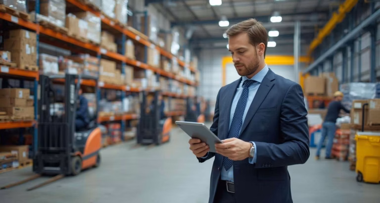 Manager in abito elegante controlla dati su tablet all’interno di un grande magazzino logistico moderno, con scaffali pieni di merci e muletti in movimento.