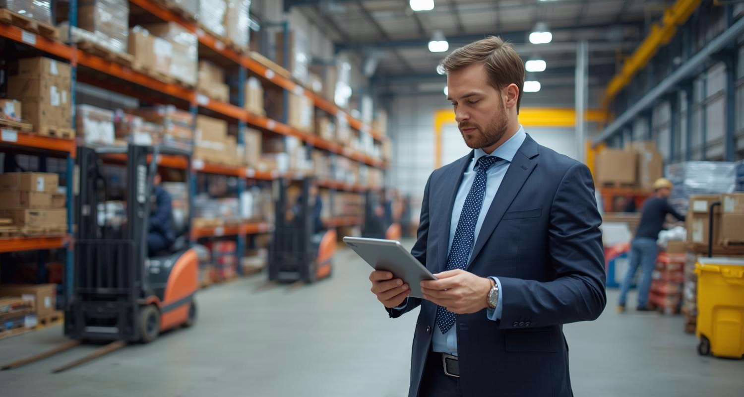 Manager in abito elegante controlla dati su tablet all’interno di un grande magazzino logistico moderno, con scaffali pieni di merci e muletti in movimento.