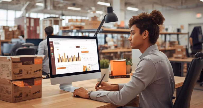Giovane stagista Ferrero in ufficio moderno, davanti a un computer con dati logistici e scatole di prodotti Ferrero sullo sfondo.