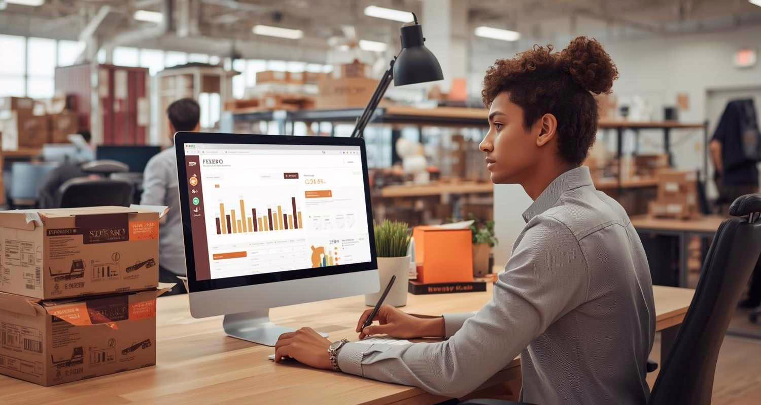 Giovane stagista Ferrero in ufficio moderno, davanti a un computer con dati logistici e scatole di prodotti Ferrero sullo sfondo.