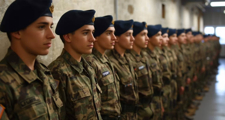 Giovani volontari in uniforme militare italiana schierati in fila durante l’addestramento in una caserma.