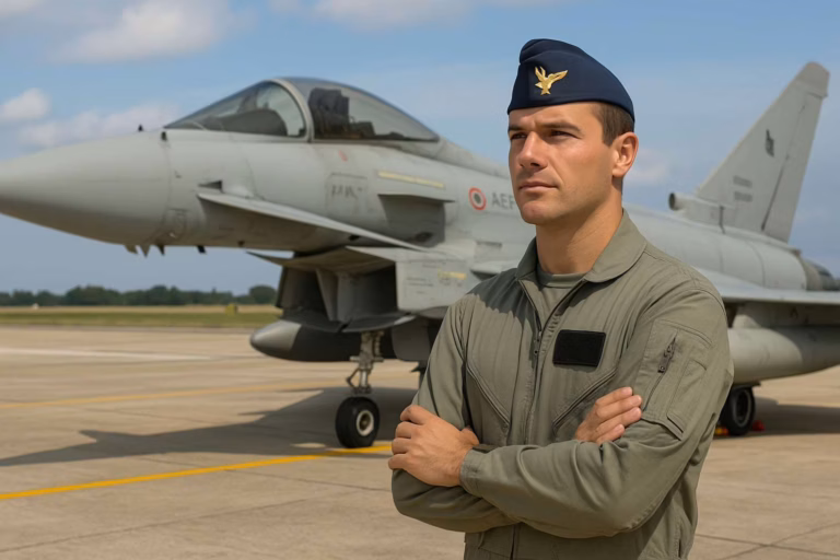 Pilota dell’Aeronautica Militare Italiana davanti a un Eurofighter