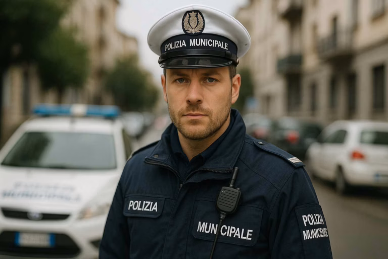 Agente di Polizia Municipale in uniforme su strada cittadina, con auto di servizio sfocata sullo sfondo.