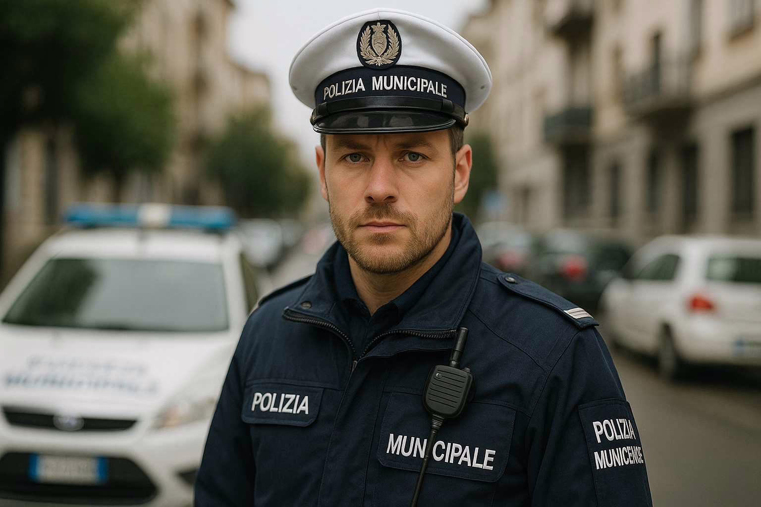 Agente di Polizia Municipale in uniforme su strada cittadina, con auto di servizio sfocata sullo sfondo.