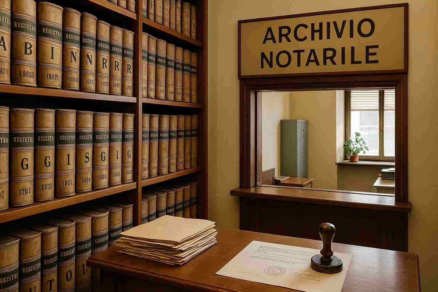 Archivio notarile italiano con registri, timbro e sportello al pubblico