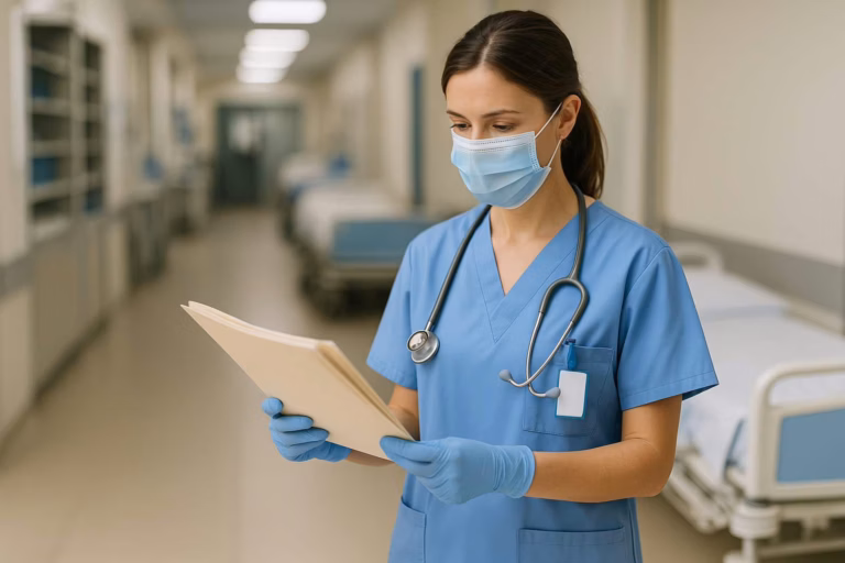 Infermiera in corsia ospedaliera con cartella clinica