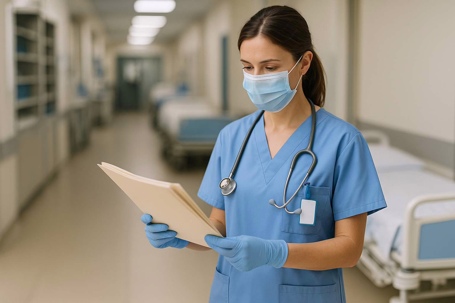 Infermiera in corsia ospedaliera con cartella clinica