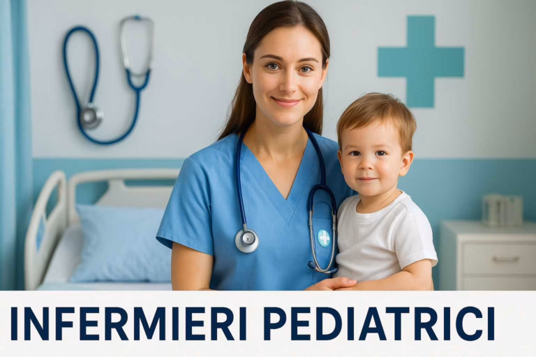 Alt: Illustrazione di un’infermiera pediatrica con simbolo di stetoscopio e croce sanitaria, stile pulito.