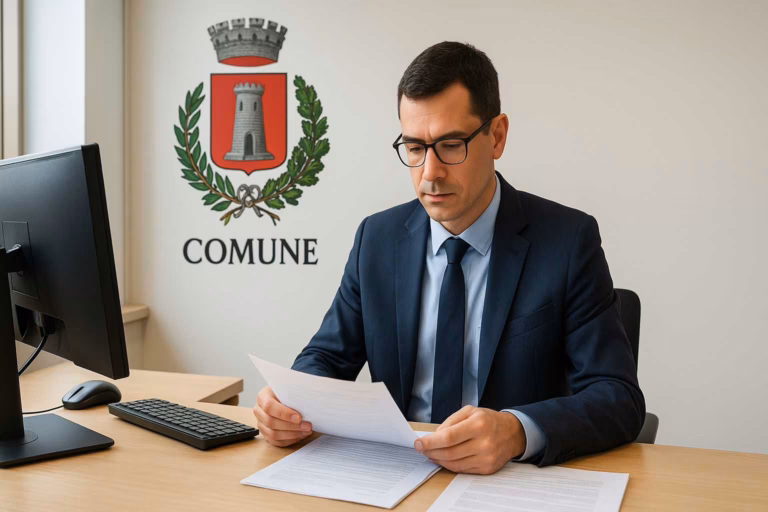 Istruttore amministrativo del Comune alla scrivania mentre controlla documenti, ufficio moderno con stemma comunale sullo sfondo.