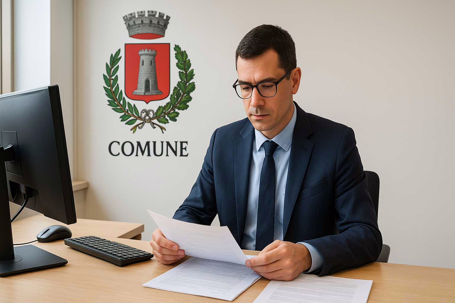 Istruttore amministrativo del Comune alla scrivania mentre controlla documenti, ufficio moderno con stemma comunale sullo sfondo.