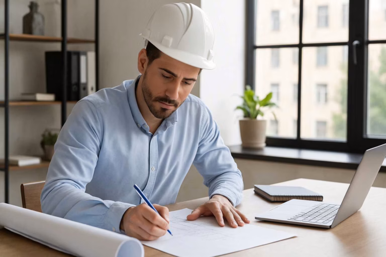 Istruttore tecnico al lavoro su progetto edilizio in ufficio